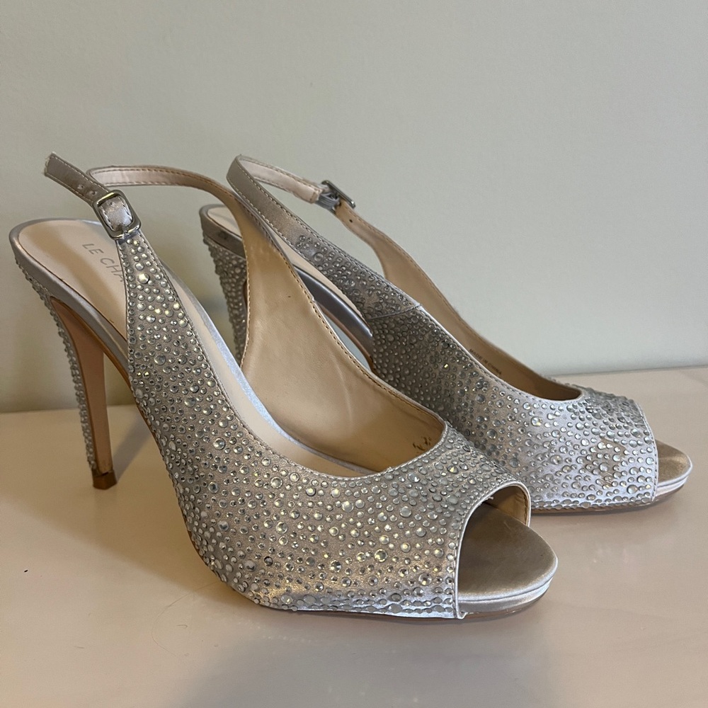 Silver sparkly high heels, size 8